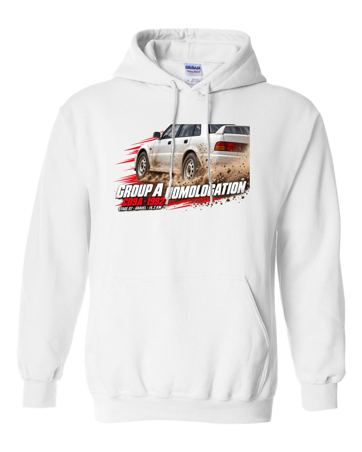 Rally poster print for the Mitsubishi Lancer Evolution I CD9A reading Group A Homologation, 1992, Stage 07 gravel white pull over hoodie front view with the design
