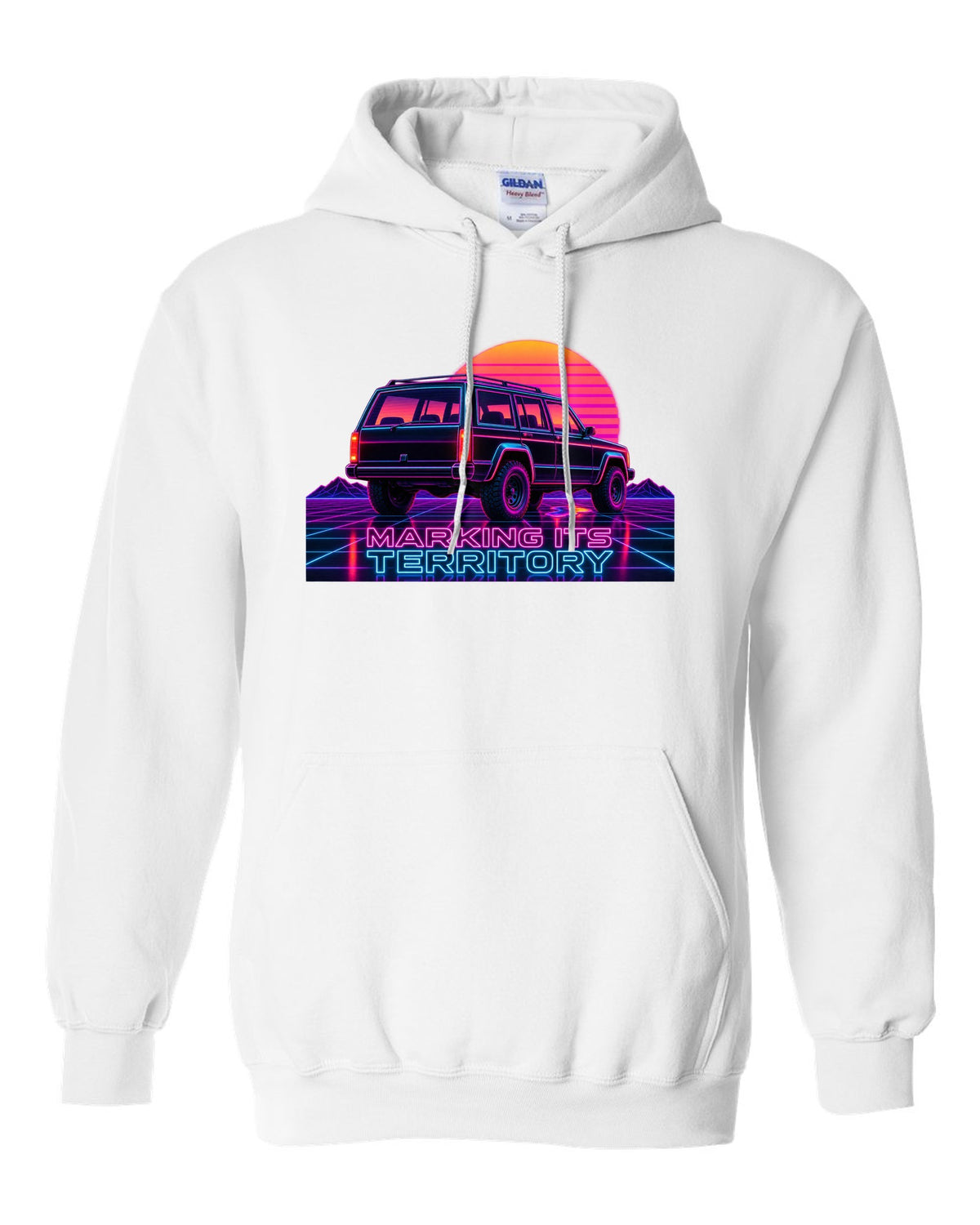 Neon synthwave print of a Jeep Cherokee XJ with the words Marking Its Territory white pull over hoodie front view with the design