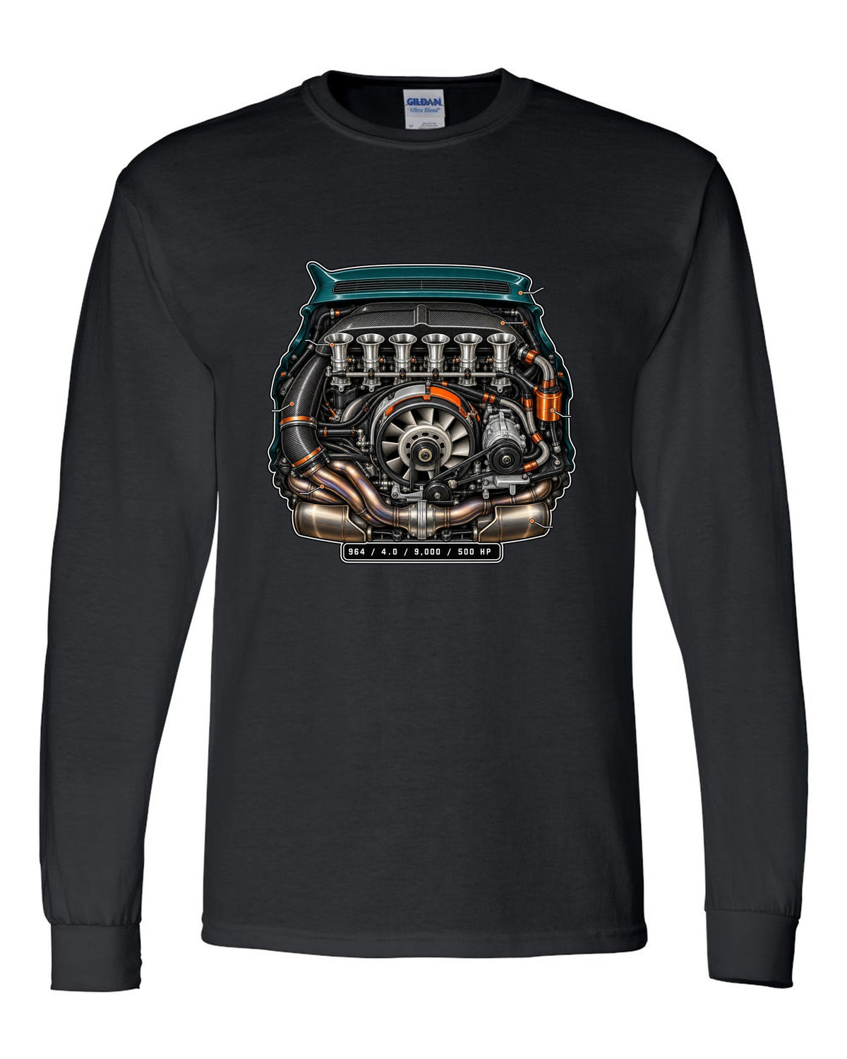 Porsche 911 SC 3.0 embroidery-style crest design reading head stud roulette black long sleeve front view with the design