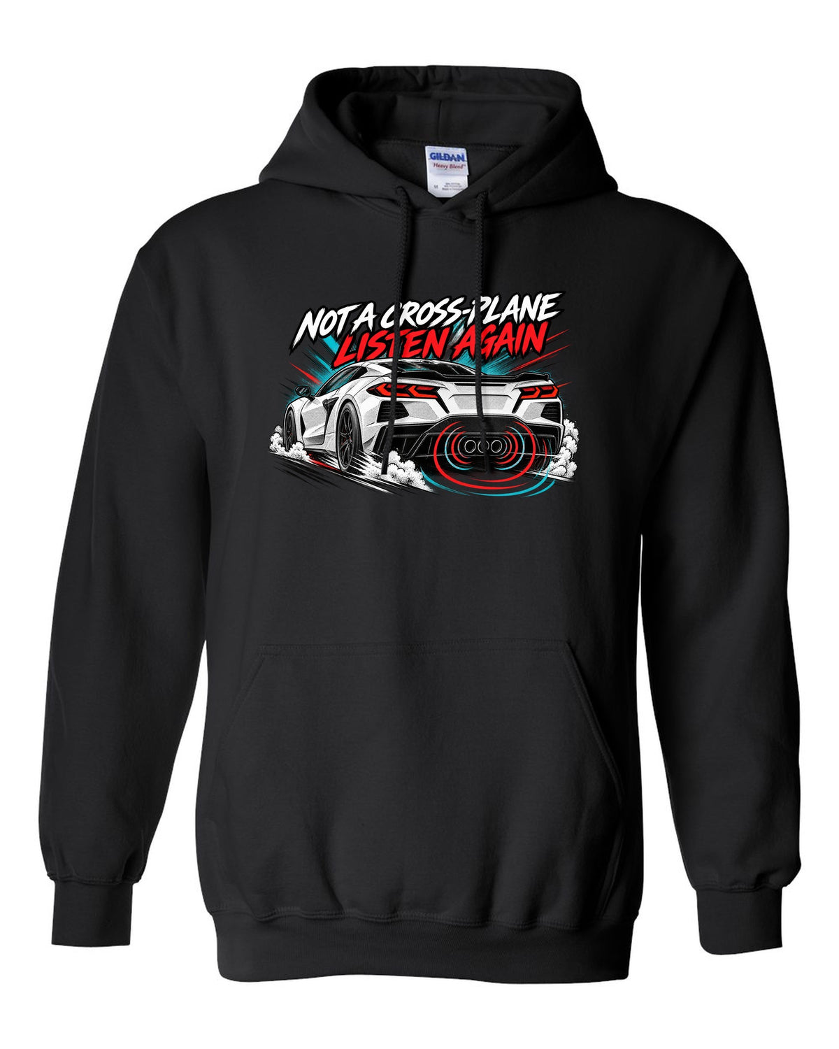 Badge crest design of a 2025 C8 Corvette ZR1 with large fender vents and rear wing black pull over hoodie front view with the design