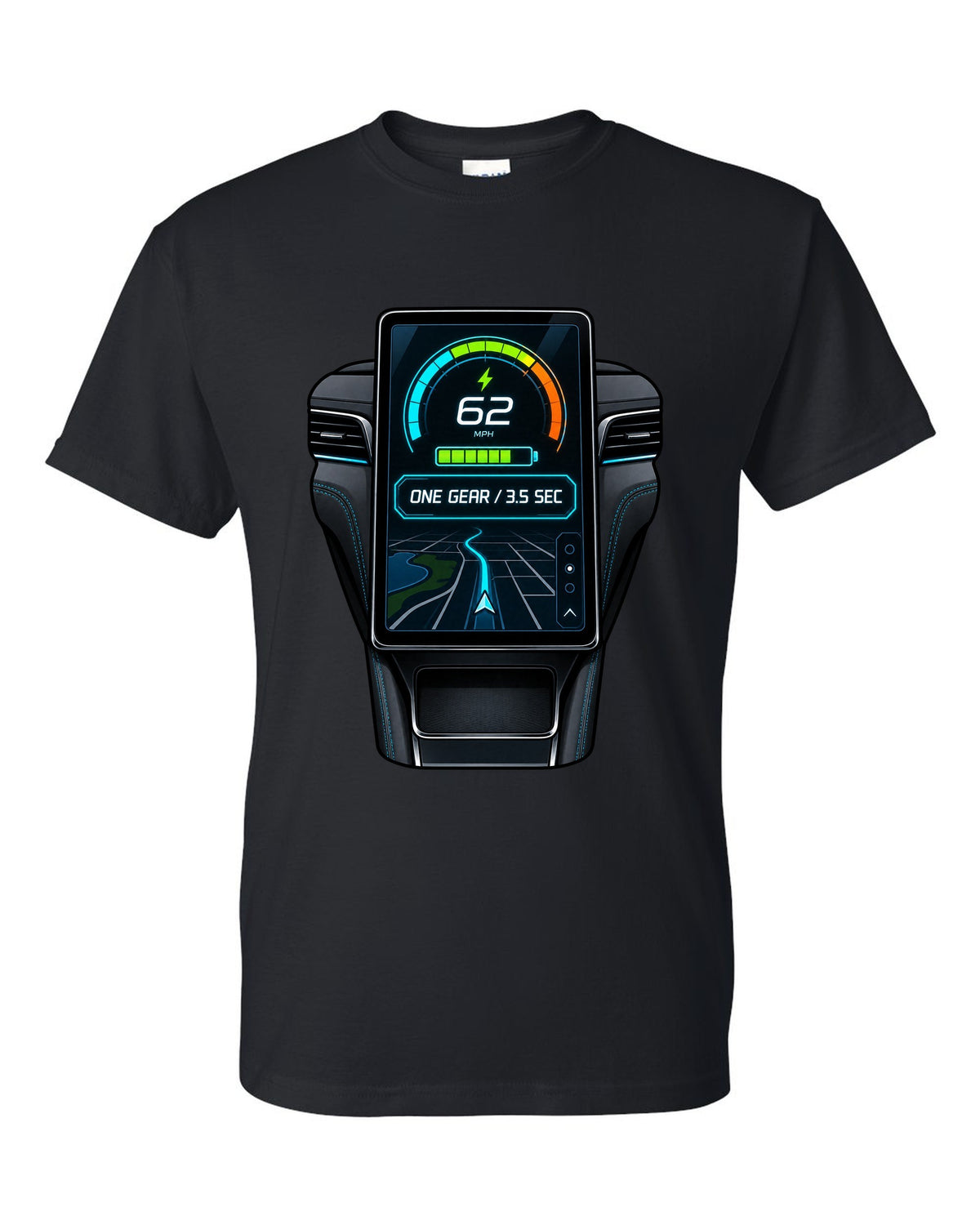 Round embroidery-style crest print for the 2020 Mustang Mach-E CX727 reading 88 kWh Extended Range black t-shirt front view with the design