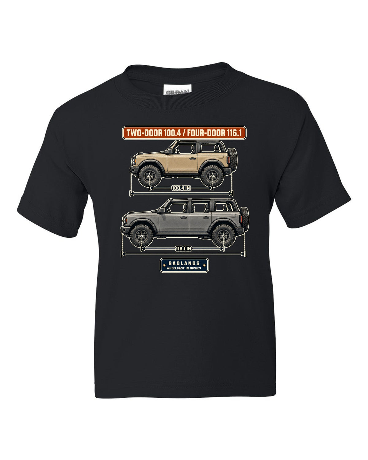 Ford Bronco Badlands two-door and four-door wheelbase blueprint print black kids tee front view with the design