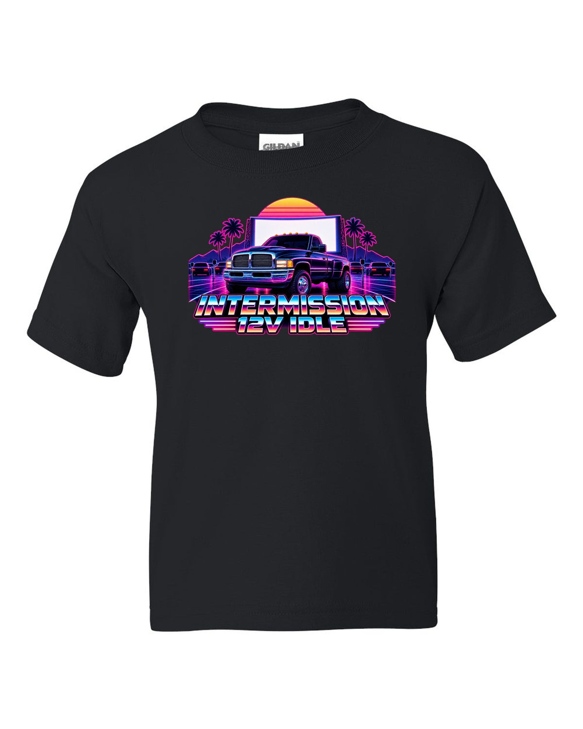 Neon synthwave grid print of a 1994-1998 Dodge Ram 2nd gen 12V with intermission 12V idle text black kids tee front view with the design