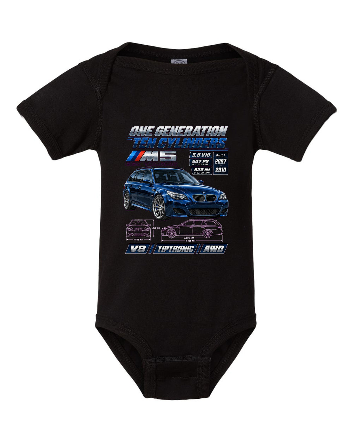 BMW M5 E60 V10 saloon spec poster print black baby onesie front view with the design