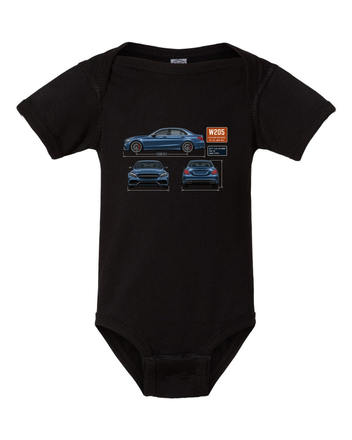 Mercedes-AMG C63 S W205 sedan three-view drawing in steel blue black baby onesie front view with the design
