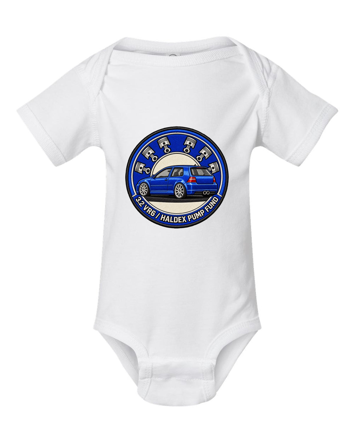 Varsity crest print for a VW Golf R32 Mk4 with 3.2 VR6 and Haldex pump fund lettering white baby onesie front view with the design