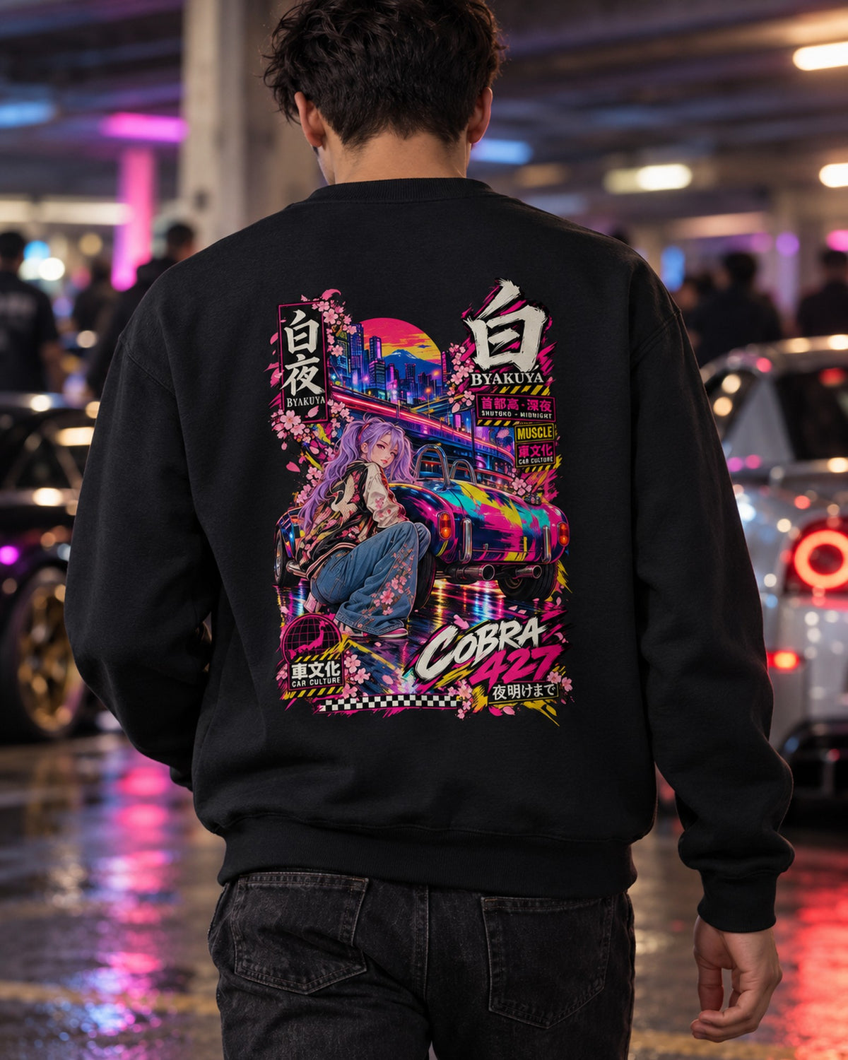 BYAKUYA COBRA 427 Anime Girl Full-Back Graphic Tee Crewneck Black worn hero