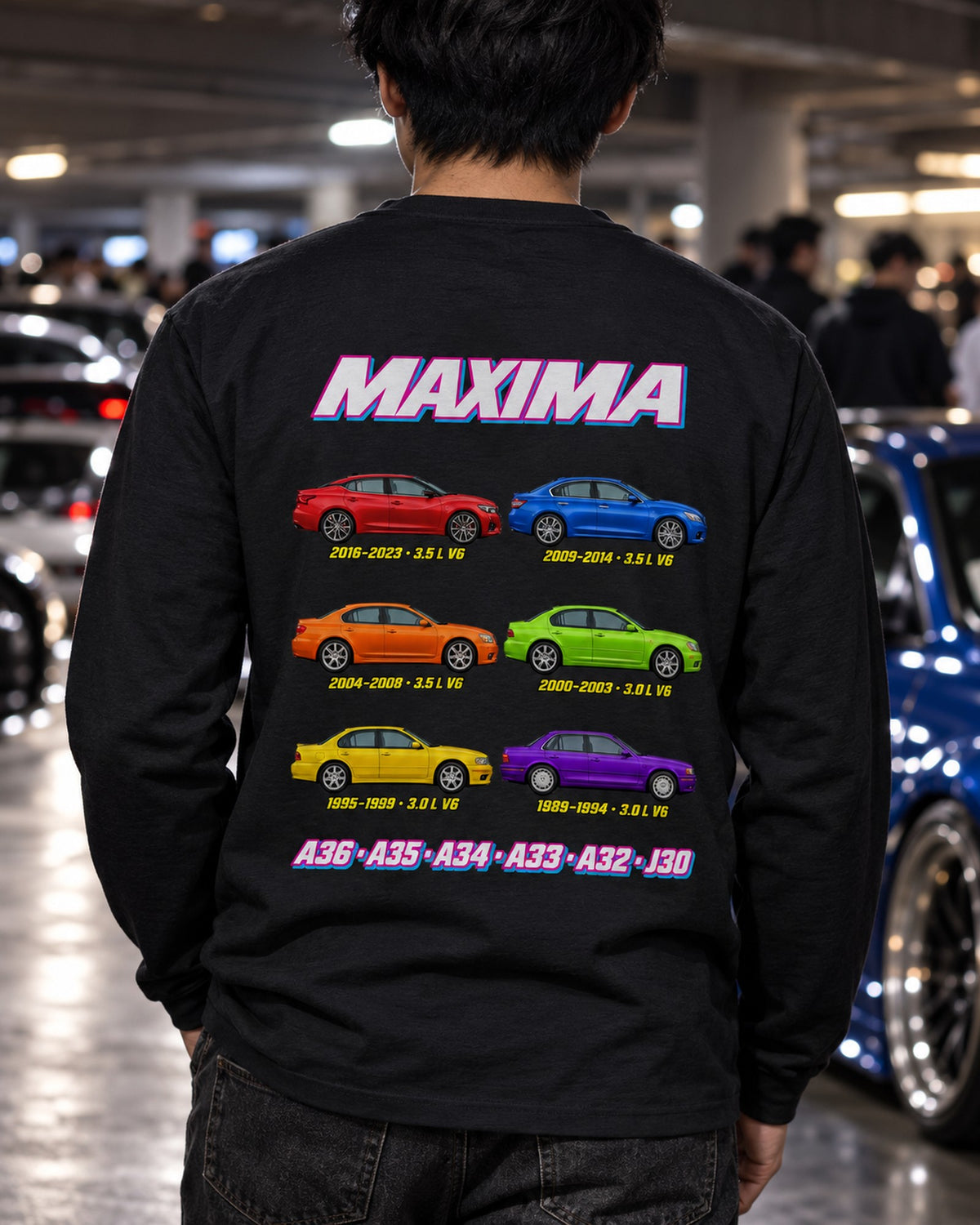 Nissan Maxima Evolution Poster Full-Back Graphic Tee Long Sleeve Black worn hero