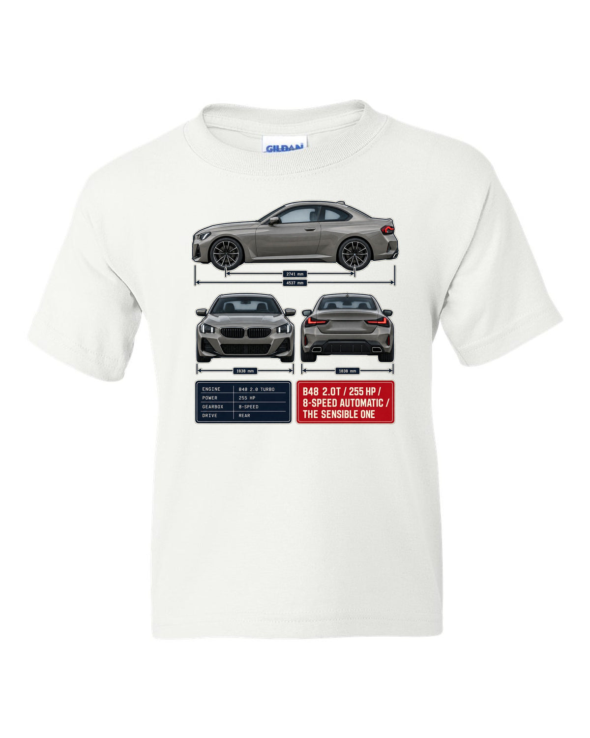 BMW 230i G42 coupe three-view drawing with spec table print white kids tee front view with the design