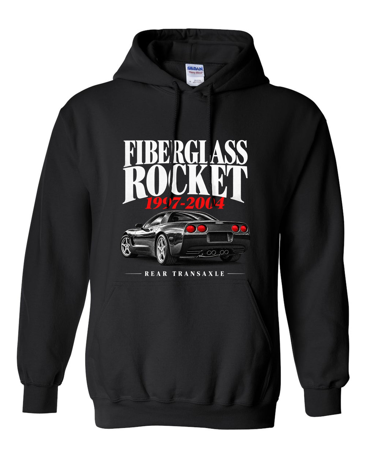 Corvette C5 coupe editorial headline print with rear transaxle text black pull over hoodie front view with the design