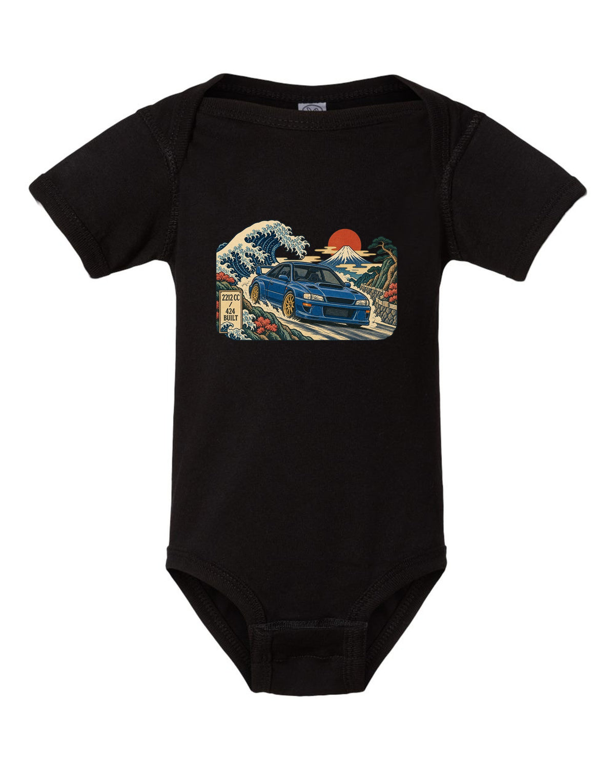 Ukiyo-e woodblock style Subaru Impreza 22B STI in front of a wave black baby onesie front view with the design