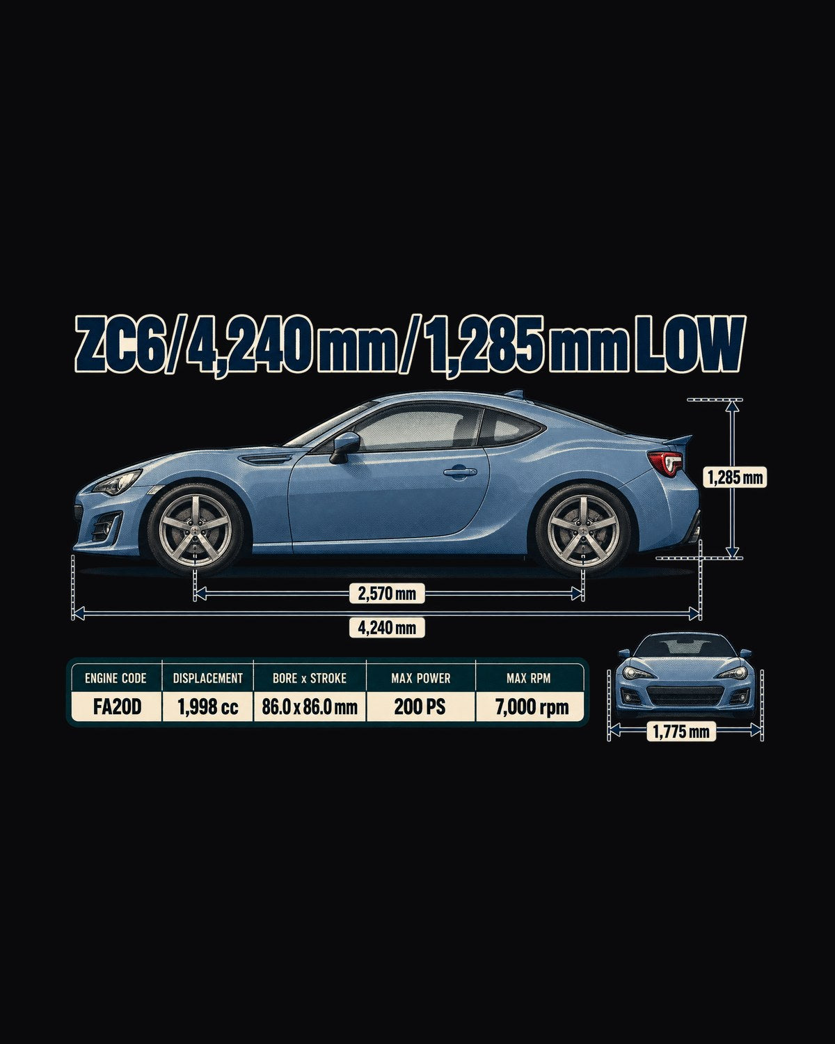 Subaru BRZ ZC6 Dimension Blueprint Shirt, Low-Slung Car Gift design only