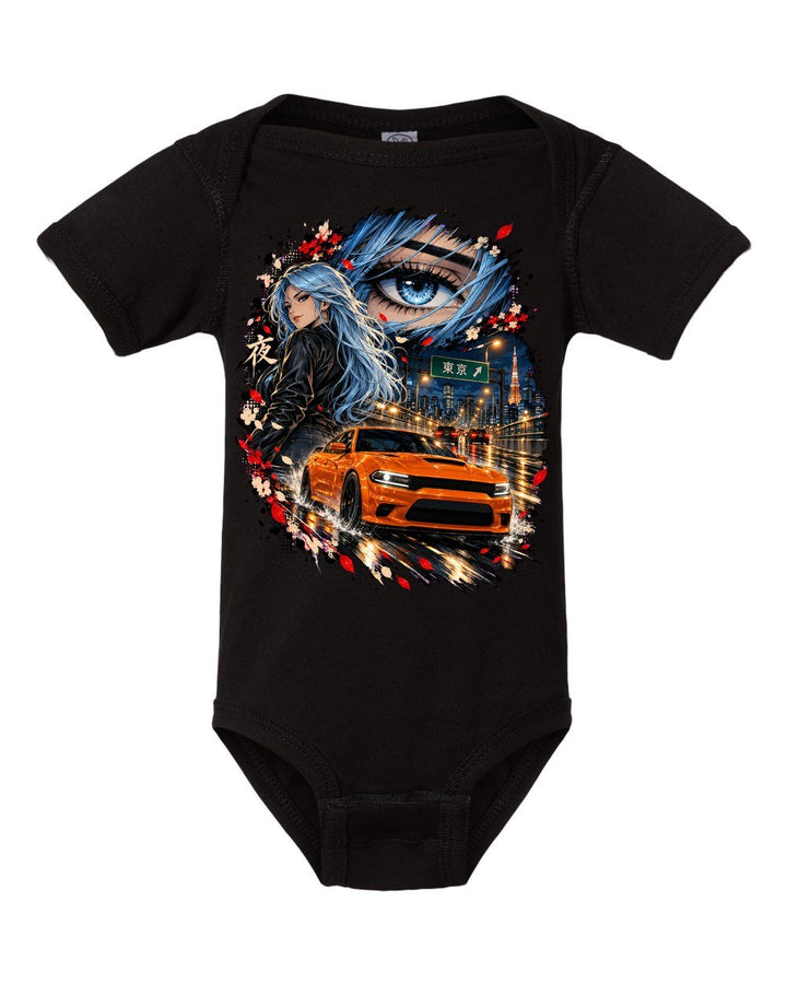 Dodge Charger Hellcat Anime Girl Baby Onesie Black front