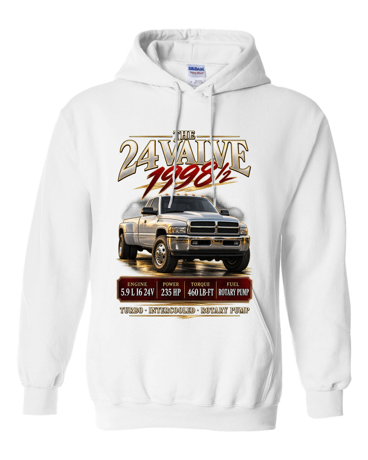 Archive panel of a 1998.5-2002 Ram 2500 2nd gen 24V with 235 HP and 460 lb-ft white pull over hoodie front view with the design