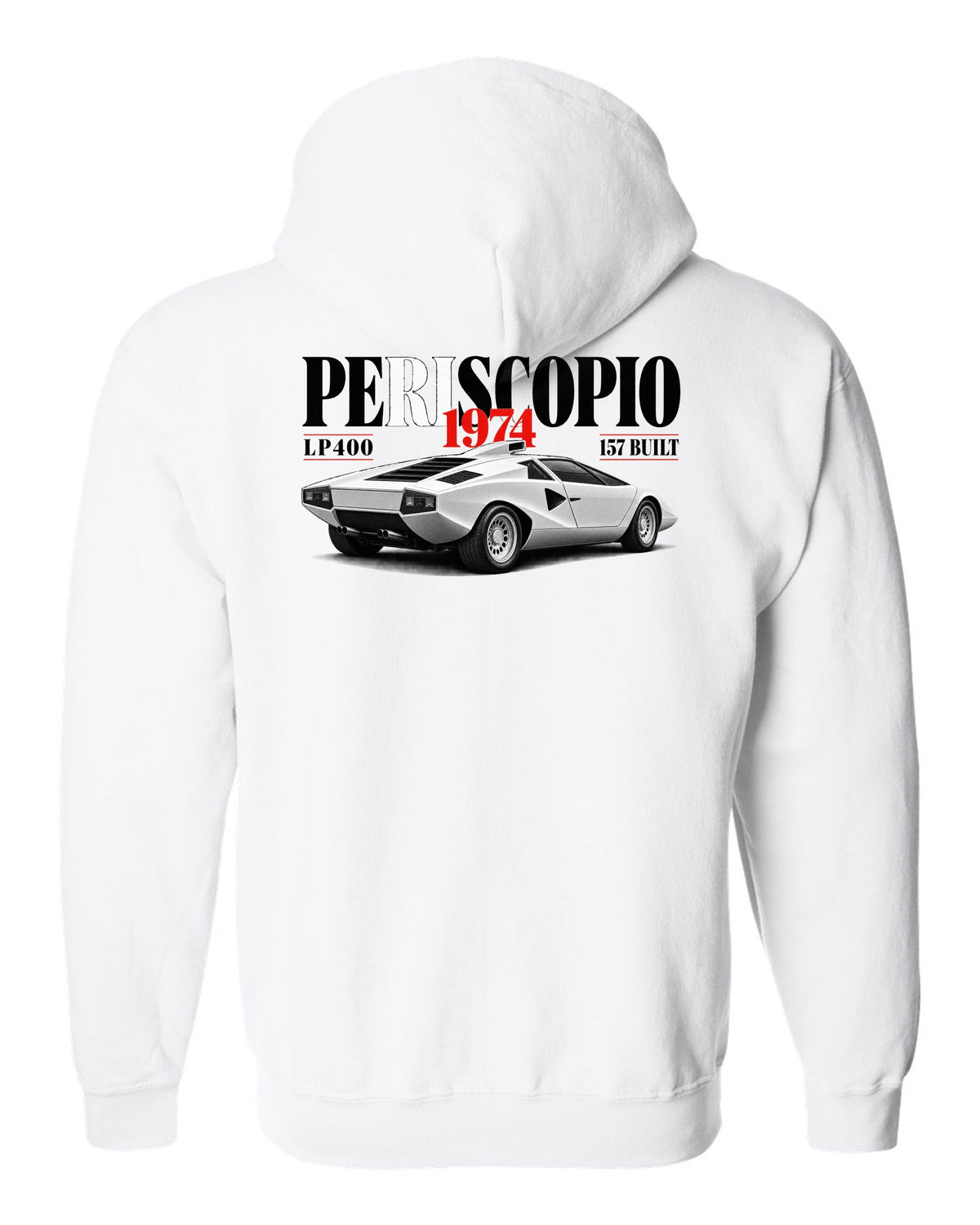 Editorial print of a Lamborghini Countach LP400 with periscopio and 157 built text white zip hoodie back view with the design
