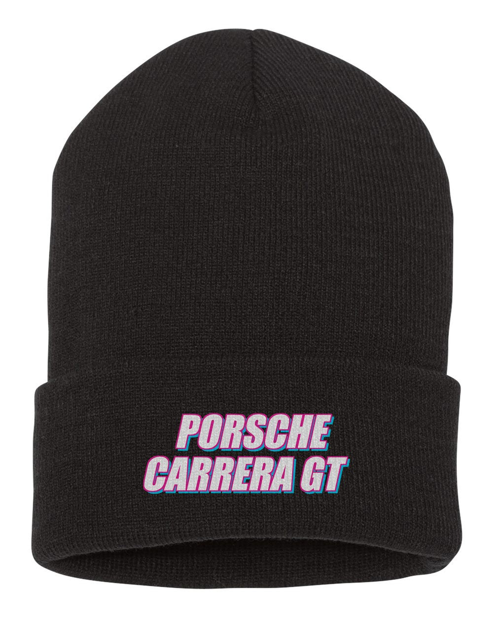 Porsche Carrera Gt black beanie front view with car name