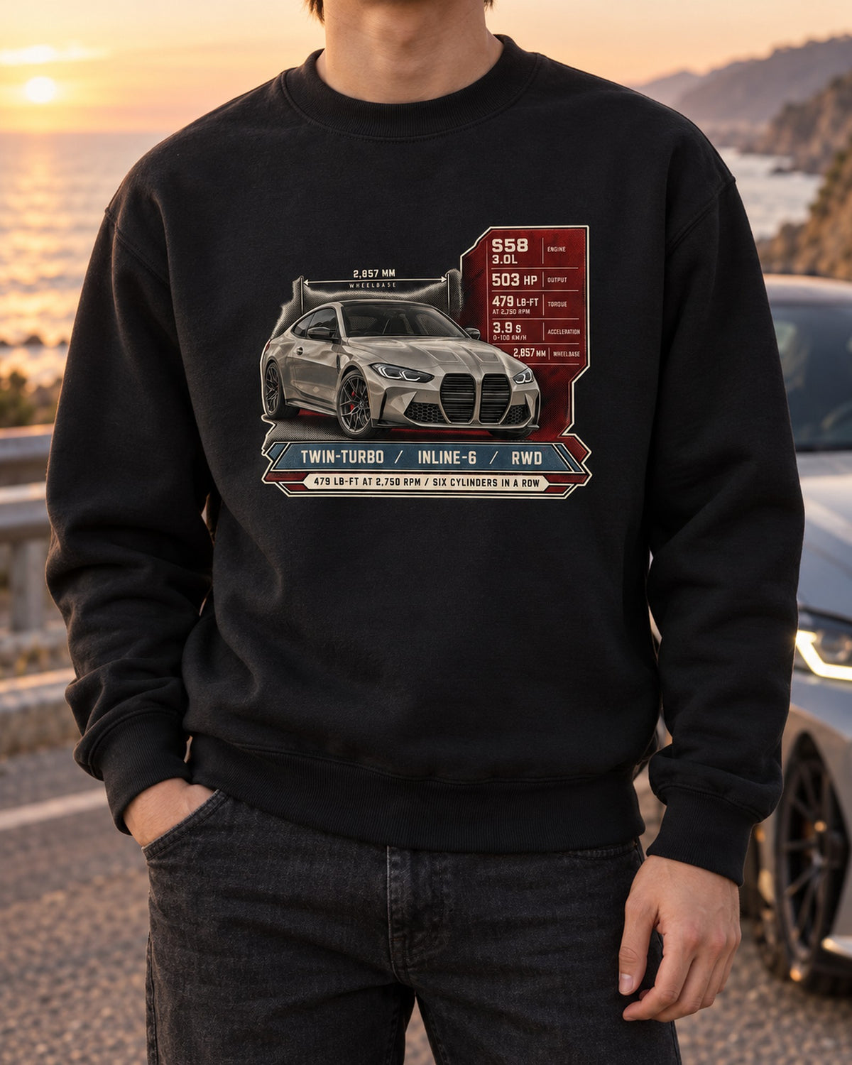 BMW M4 Competition G82 Spec Poster Shirt, Inline-Six Torque Tee Crewneck Black worn hero