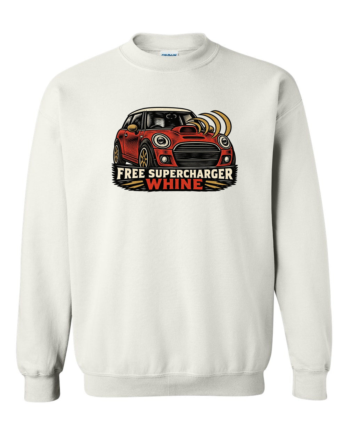 Linocut woodcut print of a Mini Cooper S R53 with the words free supercharger whine white crewneck front view with the design