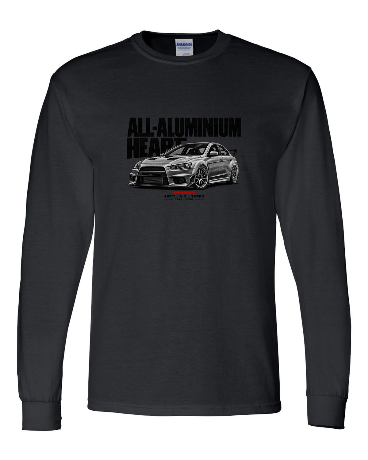 Halftone Mitsubishi Lancer Evolution X CZ4A with all-aluminium 4B11T text black long sleeve front view with the design