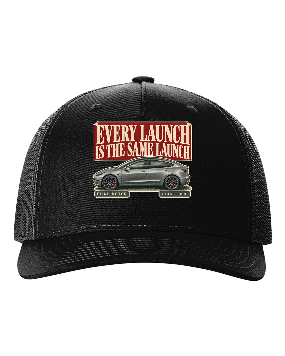 Tesla Model 3 Performance Editorial Headline Tee, 2018-2023 black hat front view with the design