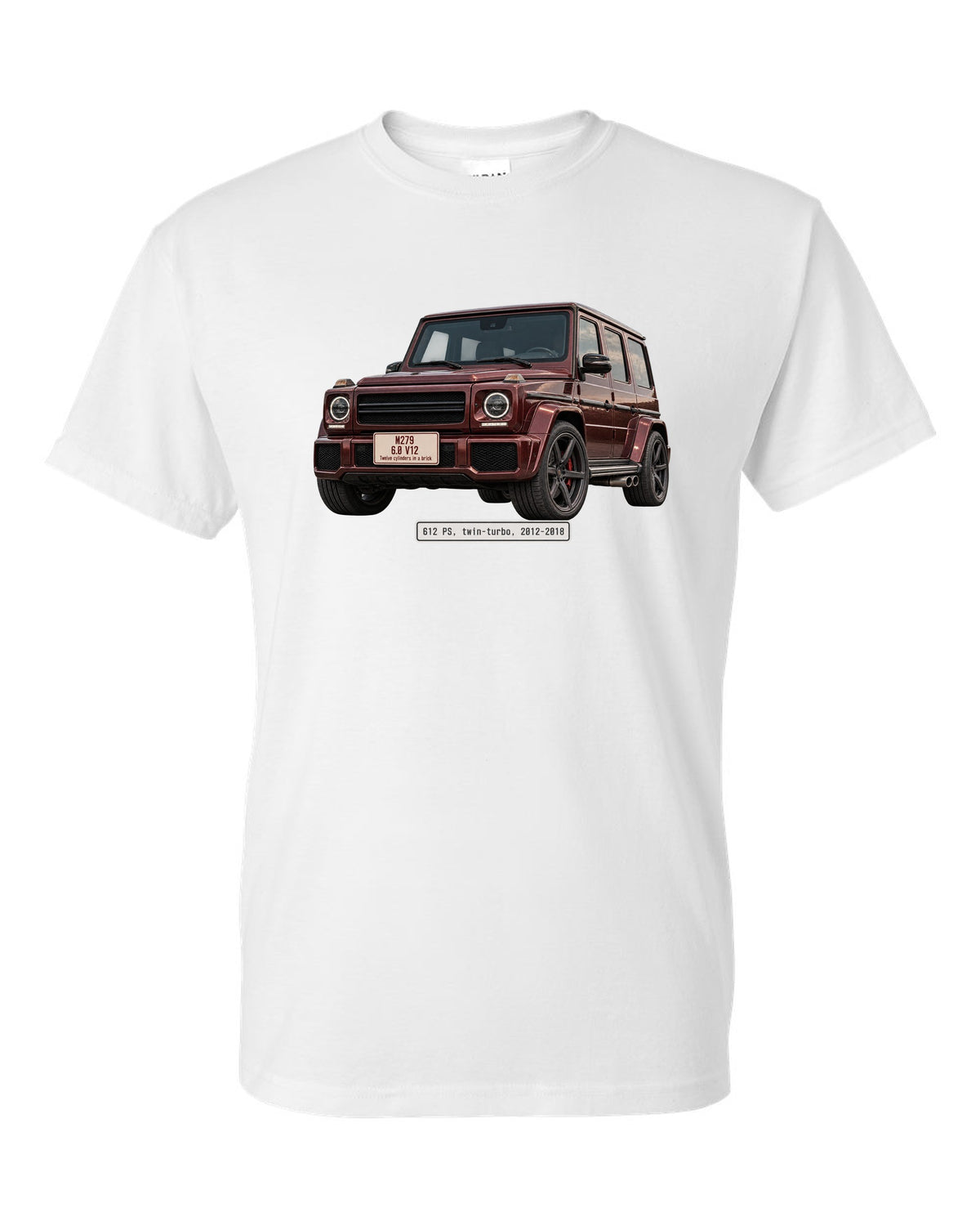 Editorial headline print of a Mercedes-AMG G65 W463 V12 white t-shirt front view with the design
