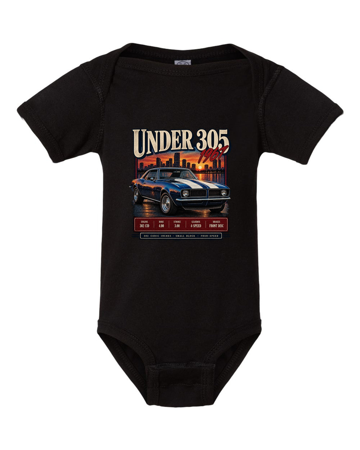 Archive-panel print of a 1967 Chevrolet Camaro Z/28 listing 302 cubic inch small block specs black baby onesie front view with the design