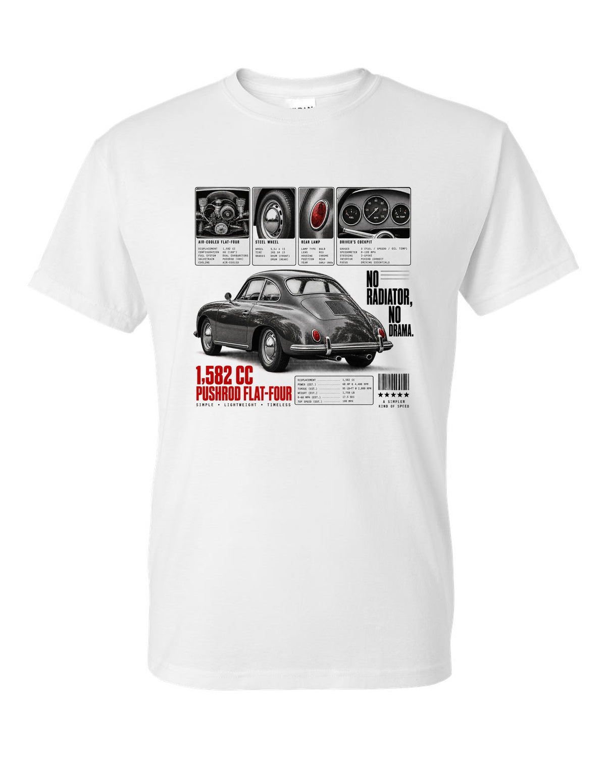Dossier panel print of a Porsche 356 B coupe with 1,582 cc flat-four and no radiator text white t-shirt front view with the design