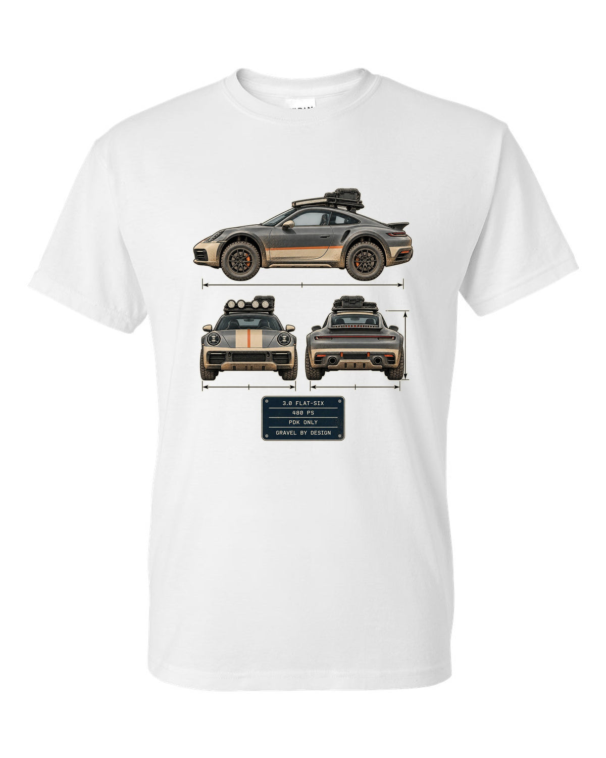 Three-view and spec table print of a Porsche 911 Dakar 992 white t-shirt front view with the design