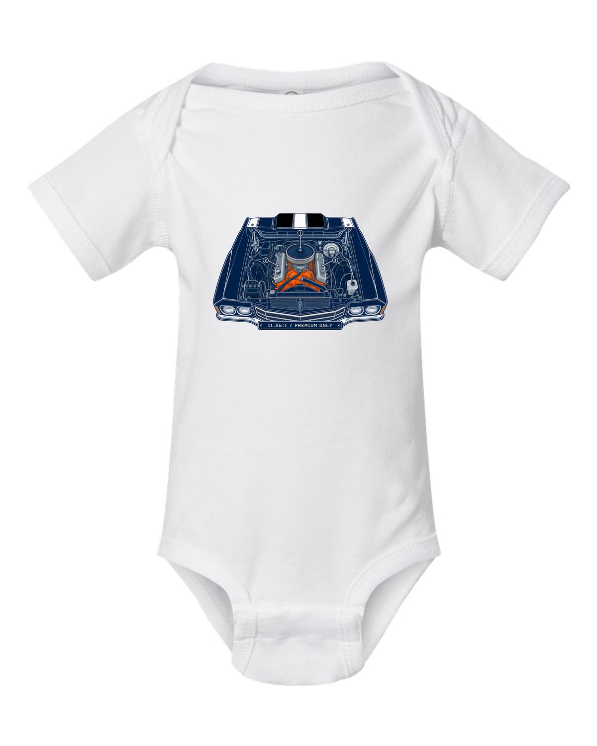 Patent blueprint drawing with numbered callouts of a 1970 Chevrolet Chevelle SS LS6 engine bay white baby onesie front view with the design