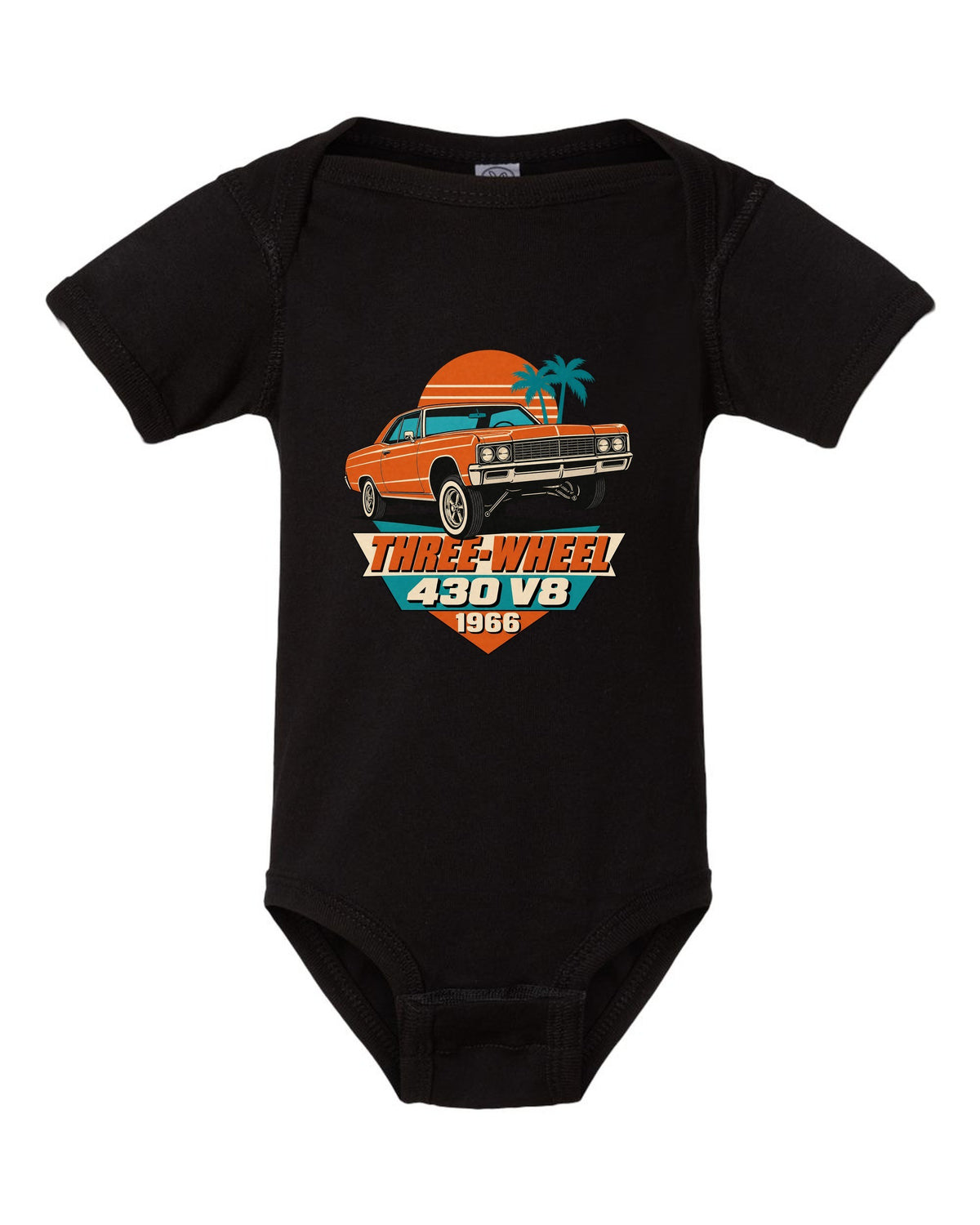 1966 Lincoln Continental lowrider on hydraulics in a 1960s litho poster style black baby onesie front view with the design