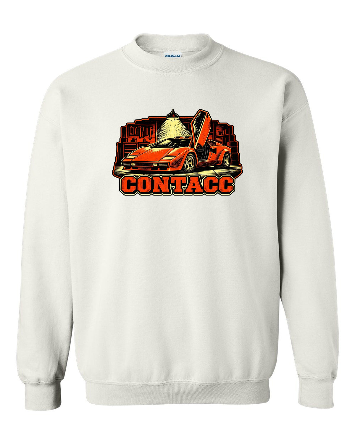 Linocut woodcut print of a 1974 Lamborghini Countach LP400 in a garage under one bulb white crewneck front view with the design