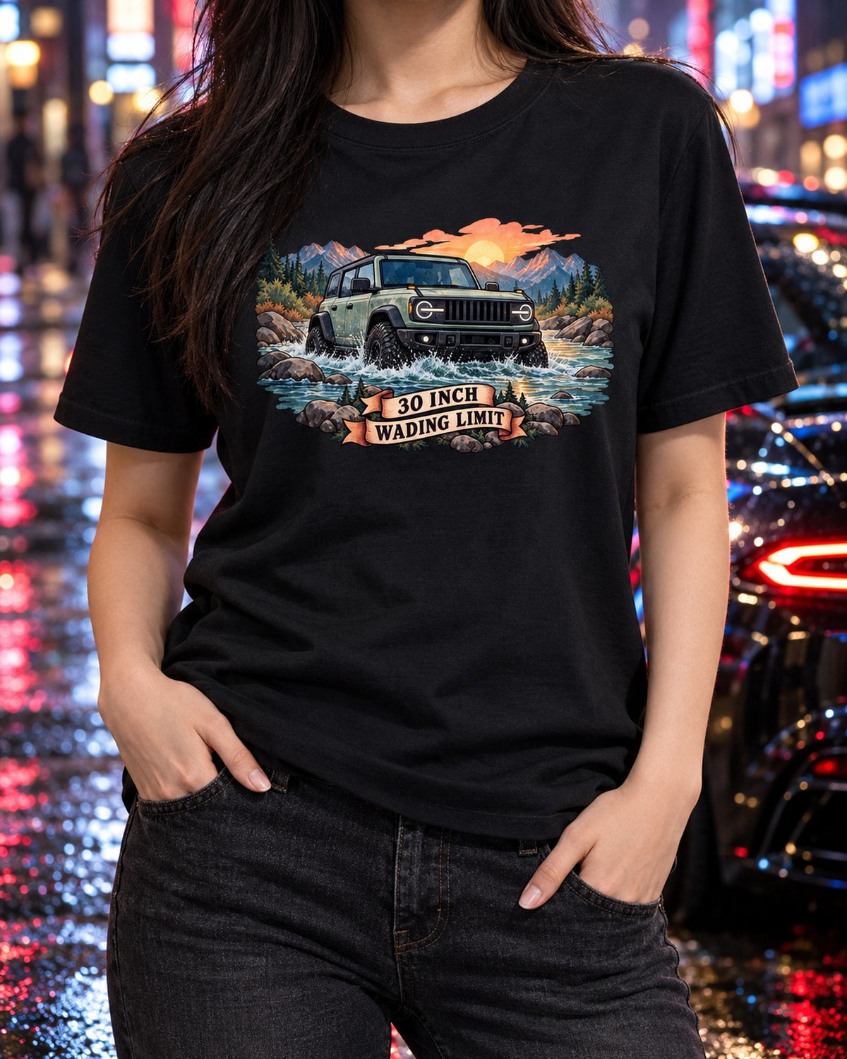 Wrangler JLU 30 Inch Wading Limit Watercolour River Shirt T-Shirt Black worn hero