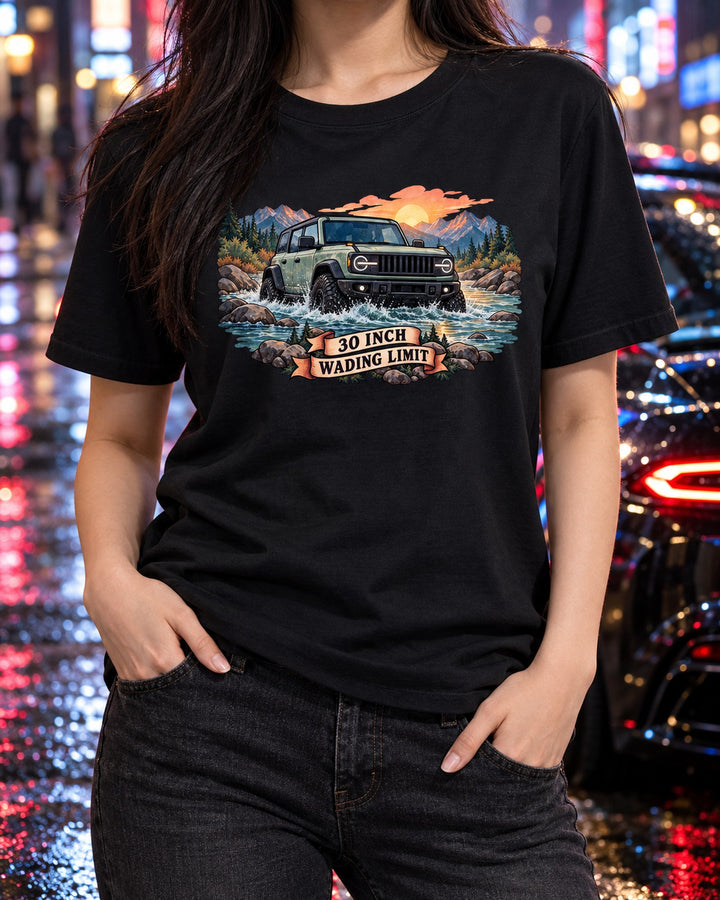 Wrangler JLU 30 Inch Wading Limit Watercolour River Shirt T-Shirt Black worn hero