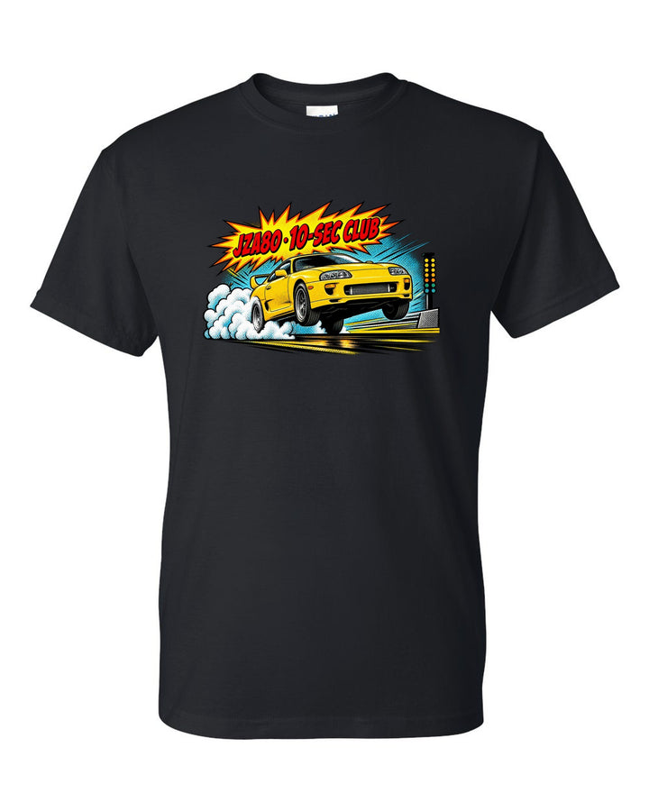 Comic halftone pop-art print of a Toyota Supra JZA80 with 10-sec club lettering black t-shirt front view with the design