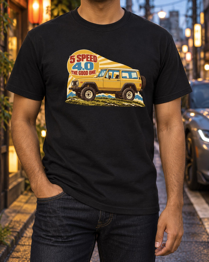 Jeep TJ Wrangler Showa Catalogue Page Shirt, 4.0 Five Speed T-Shirt Black worn hero
