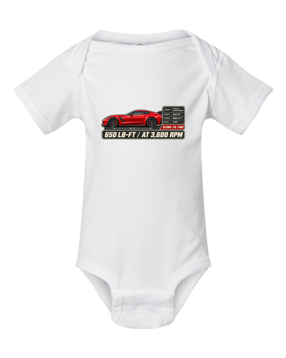 print of a Chevrolet Corvette C7 Z06 spec poster showing 650 lb-ft at 3,600 rpm white baby onesie front view with the design