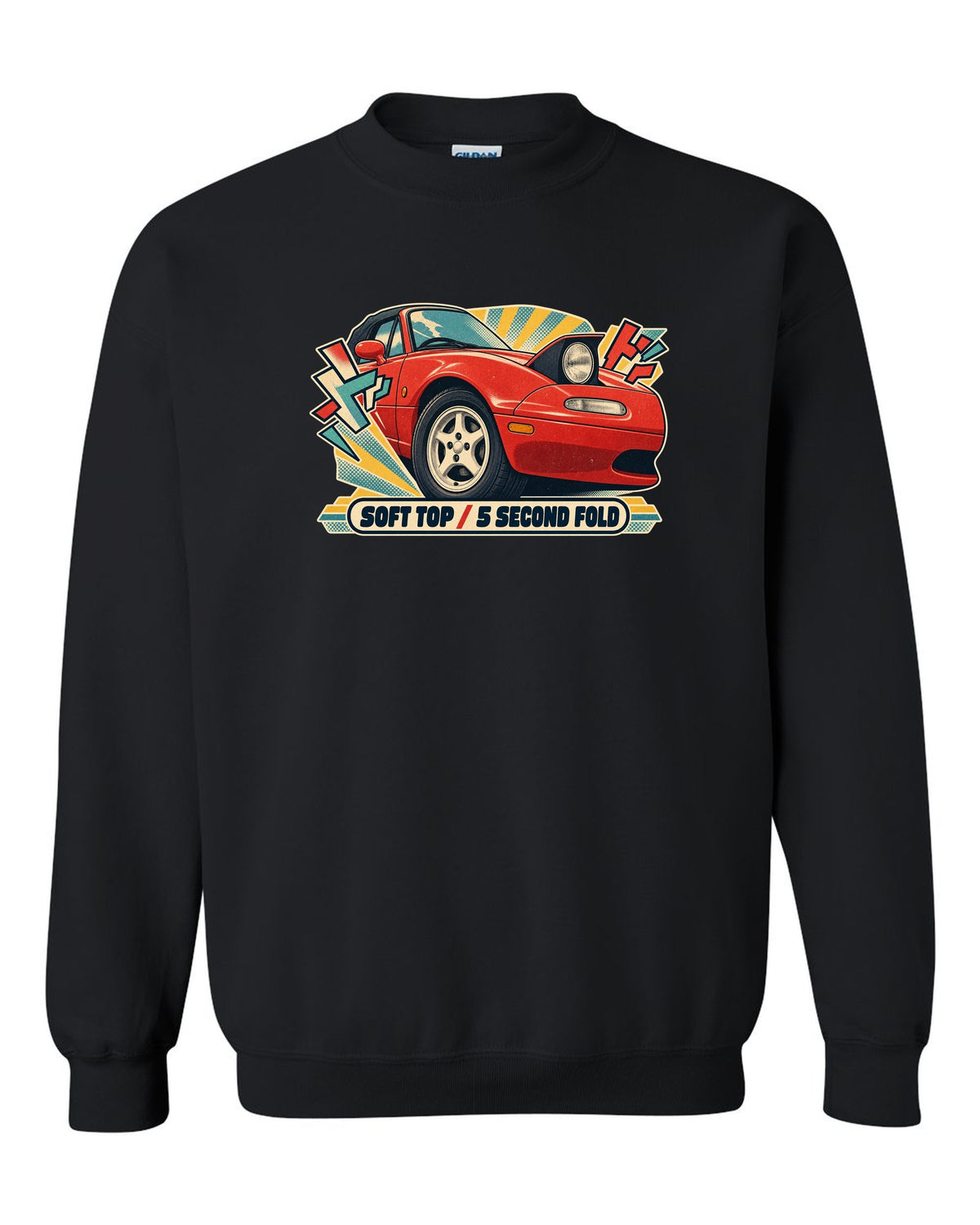 HUD style gauge cluster of a Mazda MX-5 NB with 7K redline text black crewneck front view with the design