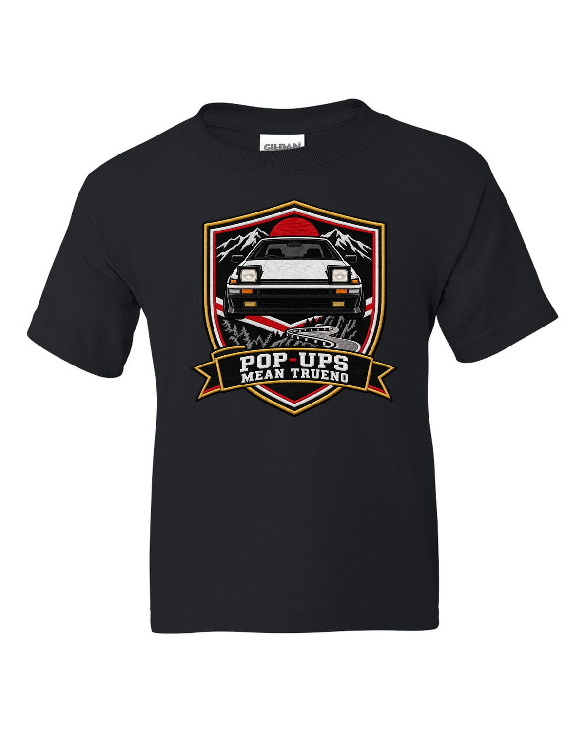 Embroidery varsity crest print of a Toyota Sprinter Trueno AE86 with Pop-Ups lettering black kids tee front view with the design