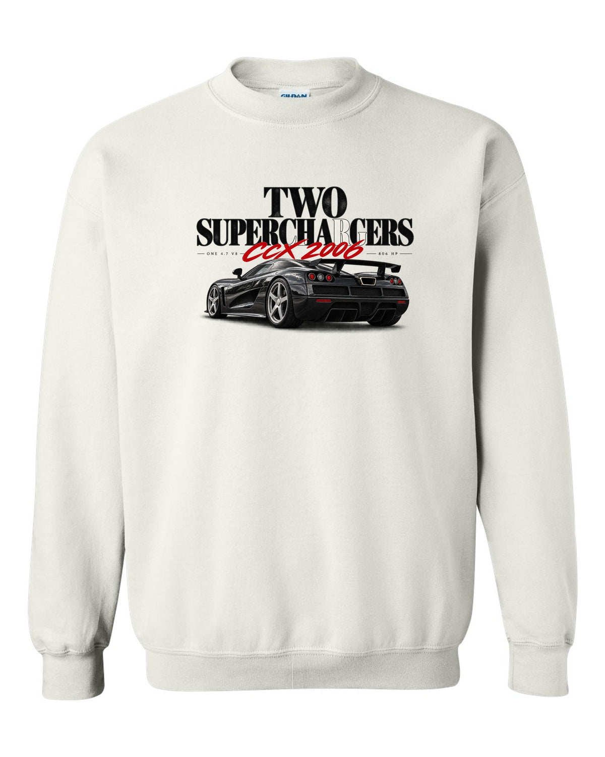 Koenigsegg CCX 2006 editorial headline with two superchargers white crewneck front view with the design