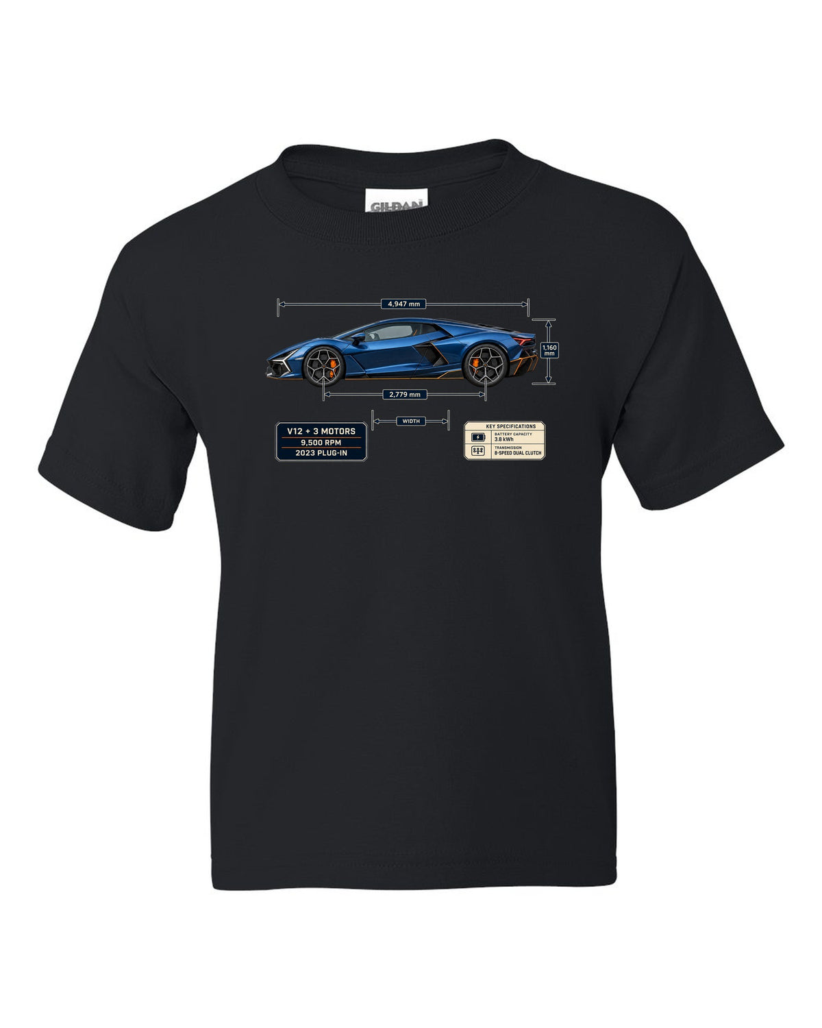 Dimension blueprint print of the Lamborghini Revuelto black kids tee front view with the design