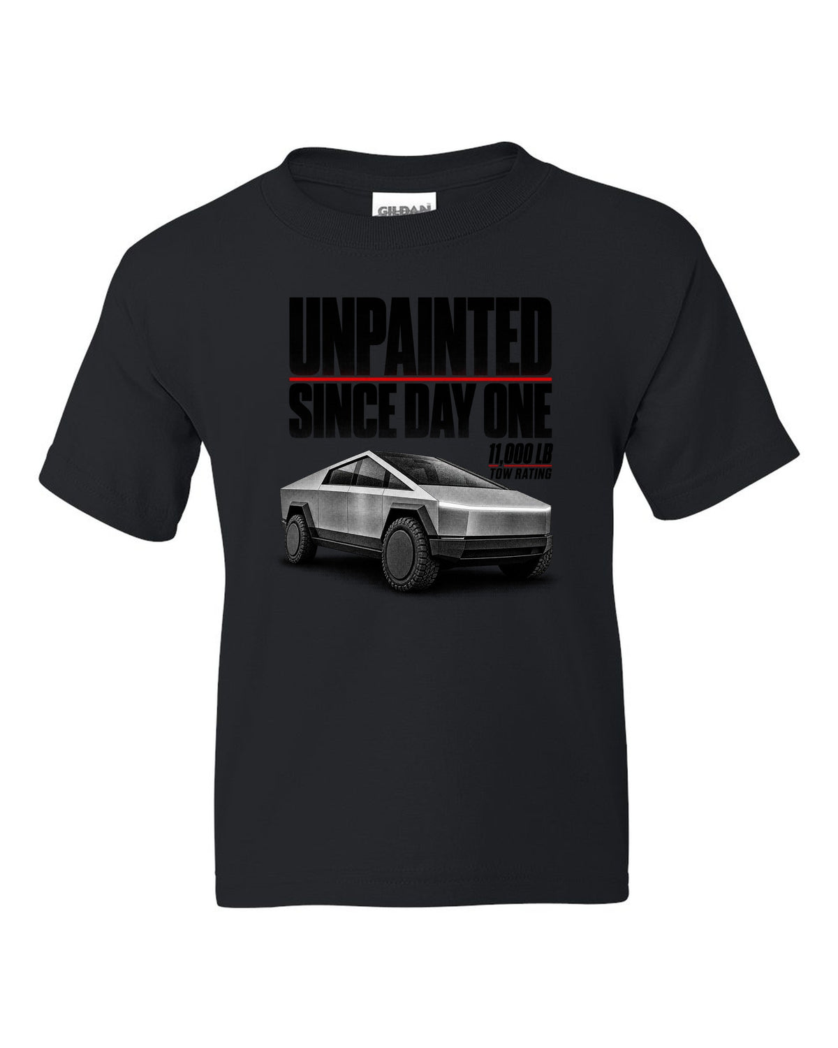 Halftone Tesla Cybertruck 2023 with unpainted since day one and 11,000 lb tow rating text black kids tee front view with the design