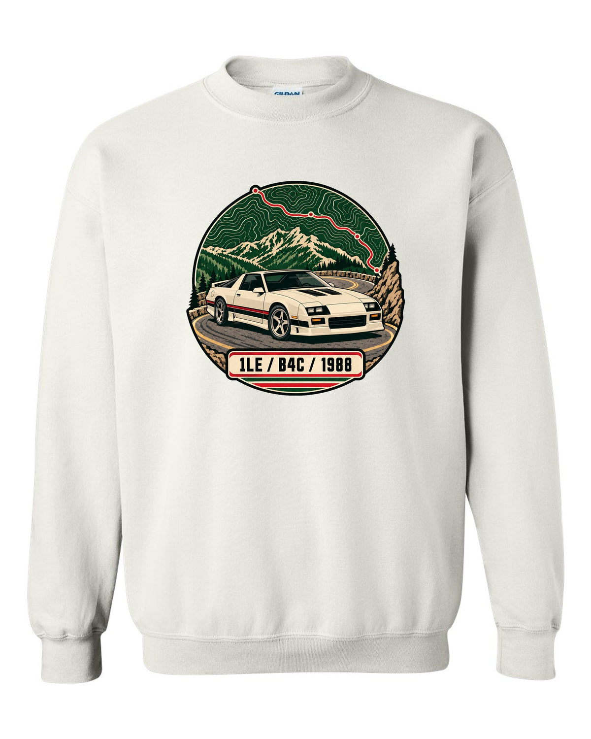 1988 Chevrolet Camaro 1LE topographic route map print with 1LE B4C 1988 text white crewneck front view with the design
