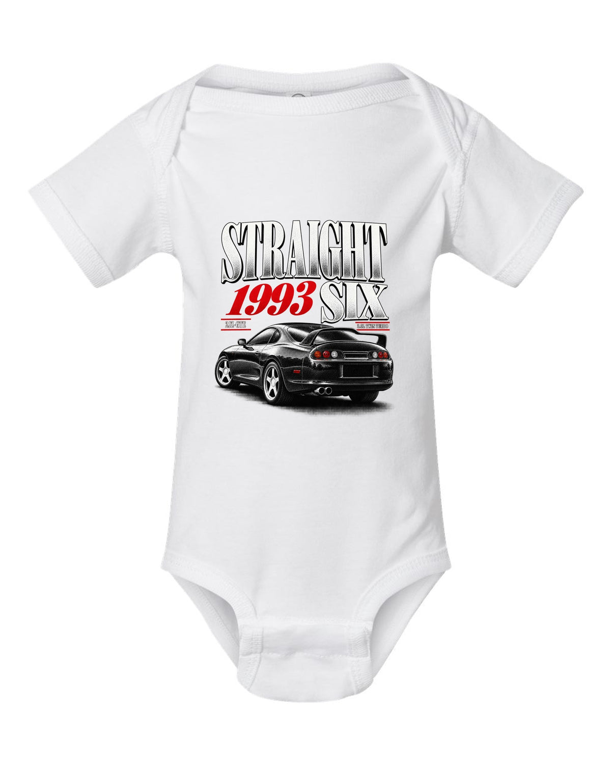 print of a Toyota Supra A80 JZA80 with straight six editorial headline and 2JZ-GTE twin turbo text white baby onesie front view with the design