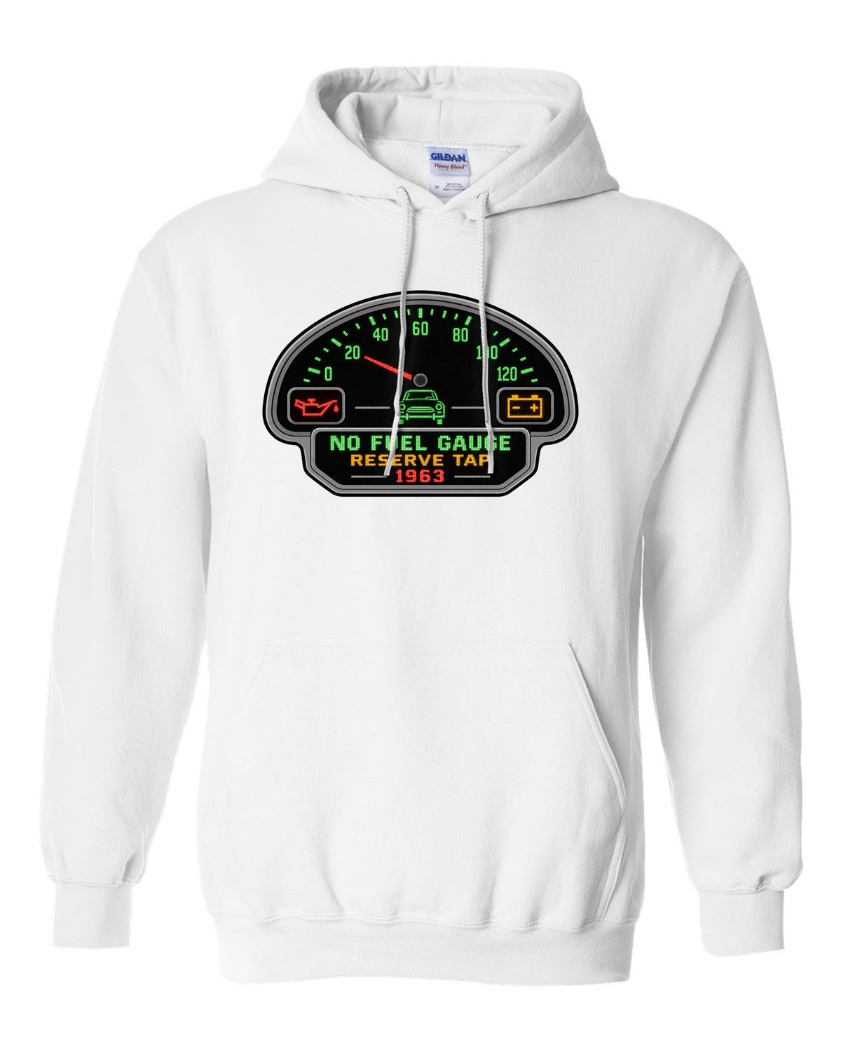 Pixel LED segmented display print of a 1963 VW Beetle Type 1 dashboard with fuel gauge joke white pull over hoodie front view with the design