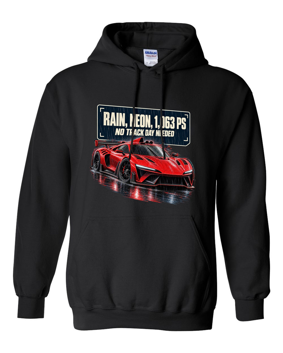 Mercedes-AMG One hypercar on a rainy neon night street black pull over hoodie front view with the design