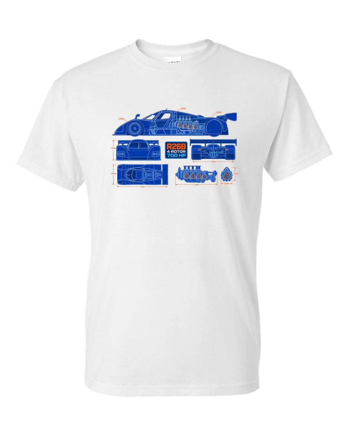 Technical blueprint cutaway of the Mazda 787B R26B four-rotor engine with 700 HP lettering white t-shirt front view with the design