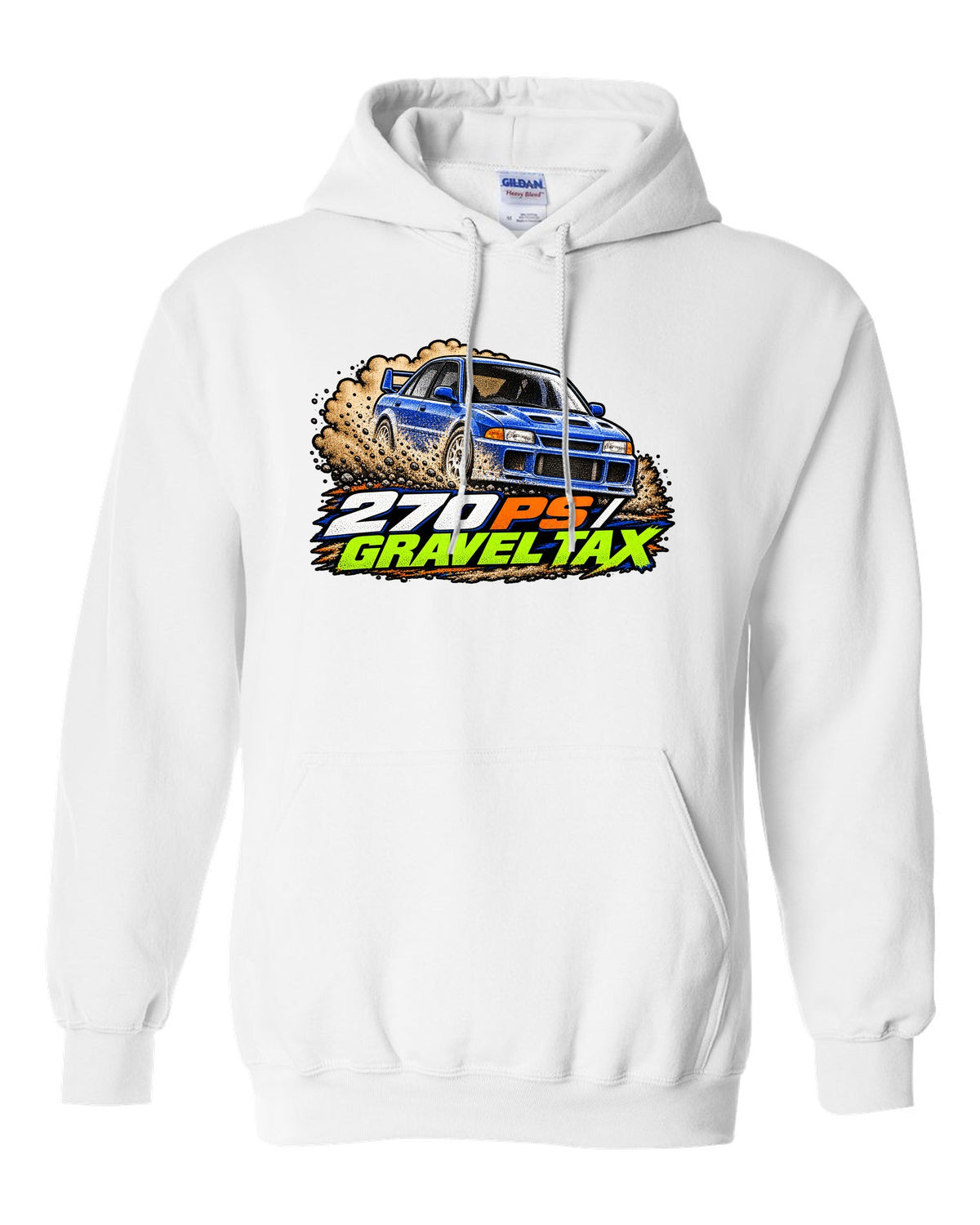 Mitsubishi Lancer Evolution III CE9A in grainy 90s rally magazine halftone, 270 PS / GRAVEL TAX white pull over hoodie front view with the design