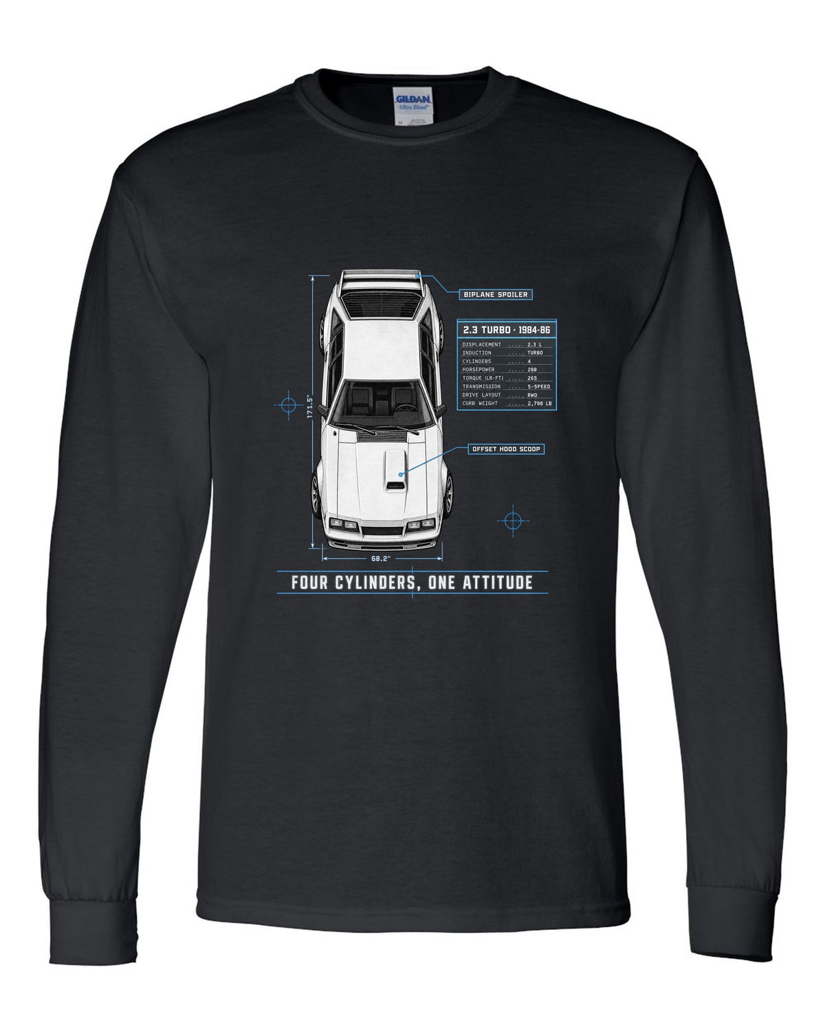 Spec poster print of a 1984-86 Fox Body Mustang 2.3 turbo chback black long sleeve front view with the design