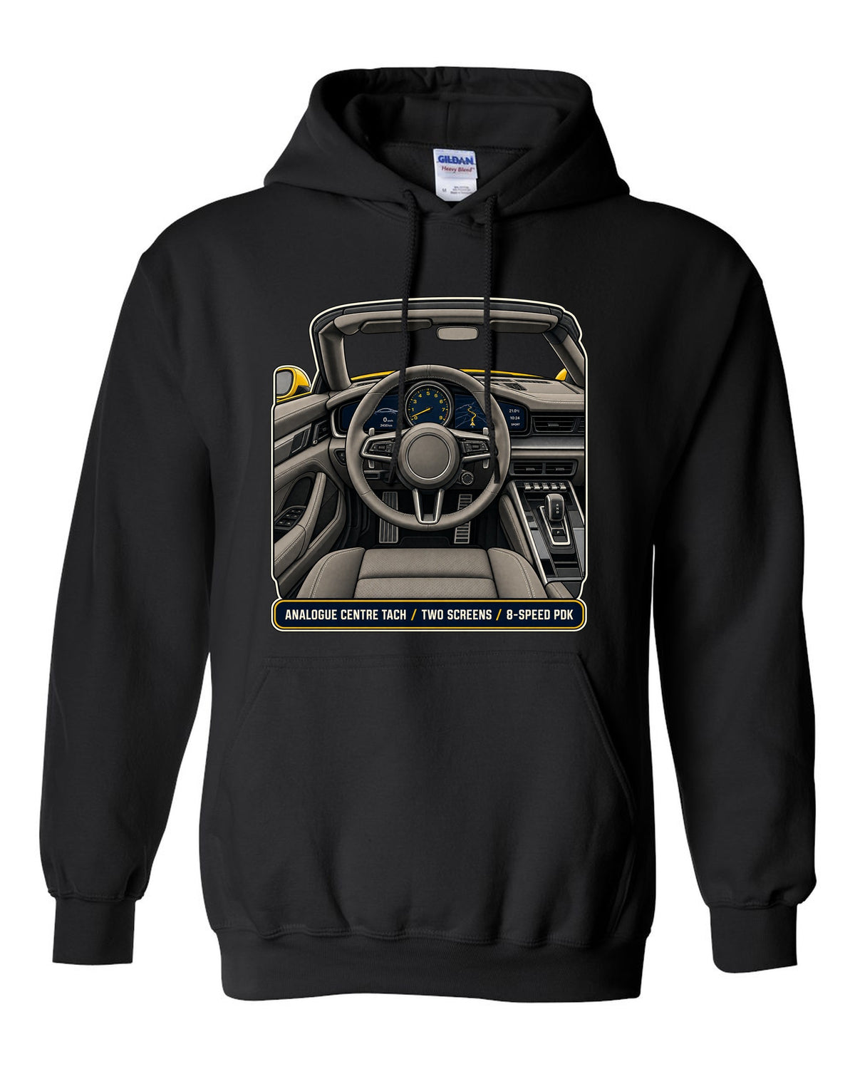 Cockpit and gauge print of a Porsche 992 Carrera S Cabriolet black pull over hoodie front view with the design