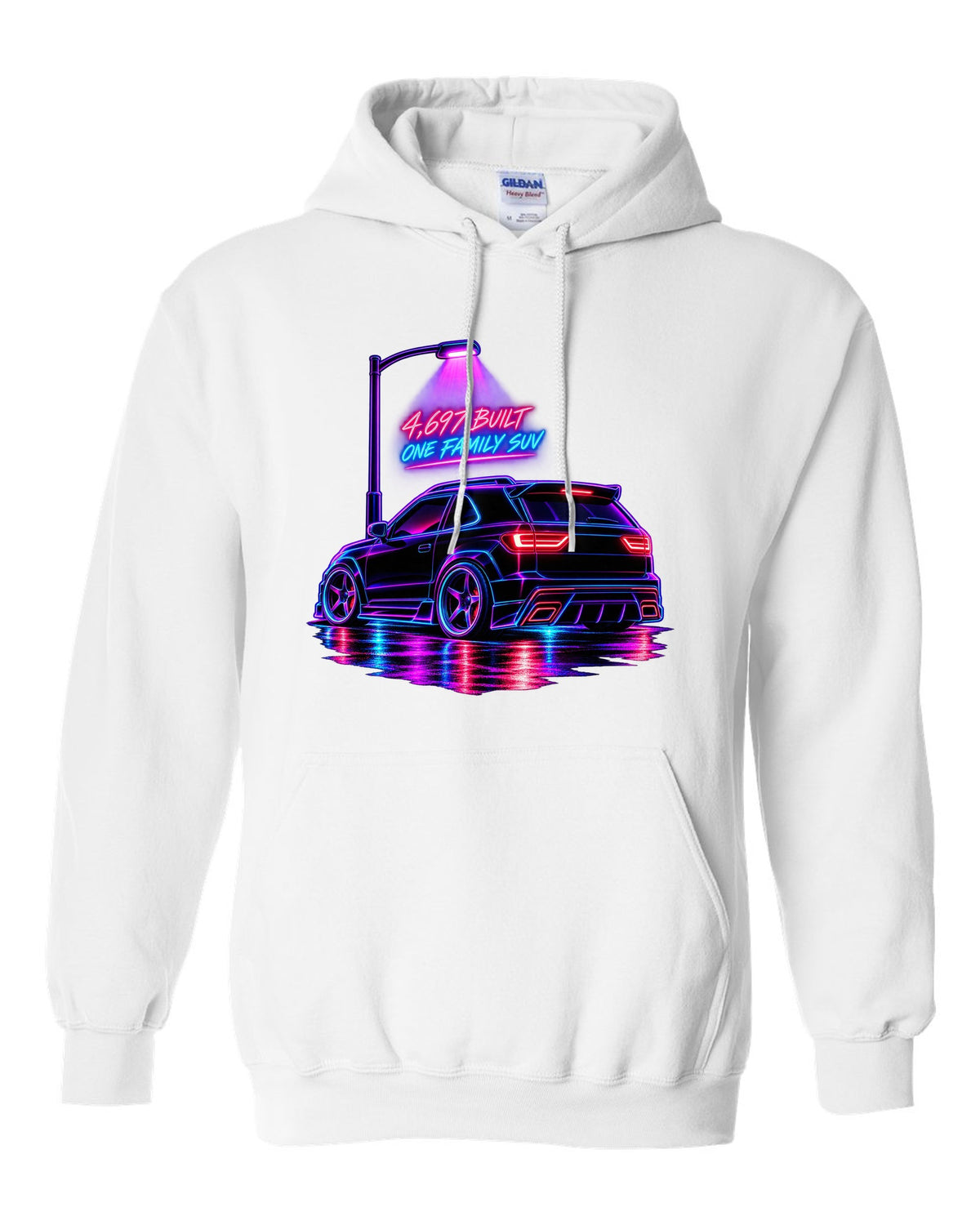 Neon synthwave line art print of a 1992-93 GMC Typhoon taillight with 4,697 built lettering white pull over hoodie front view with the design